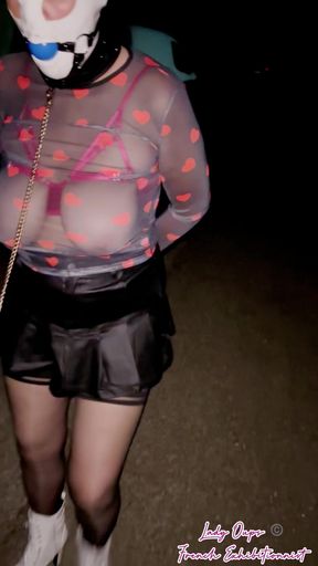 On a Leash Like a Female Pet with Hood, Gag, Anal Plug and Micro Leather Skirt