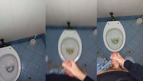 Young guy gets filthy in public toilet pounding his tight blue jeans
