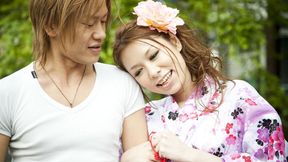 Classic Japanese girl in kimono gets fucked and creampied