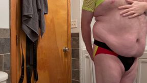 Big Belly Bear Squirts Through Jockstrap And Plays With Dildo