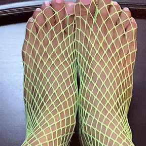 Really Nice Neon Fishnet legs with tiny sexy feet with long toes