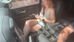 Wet Milf fucks herself in car while husband drives public masturbation