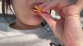 Giantess Girl Finds a Tiny Man in Her Bag of Chips and Is Surprised, but She Eats the Tiny