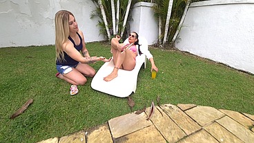 my sissy slut licked and massaged my feet in the pool