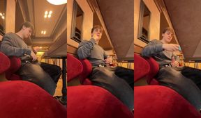 Twink femboy big dick pumped in crowded gay cafe while caught jerking off