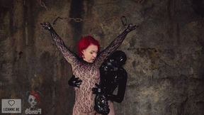 StrongPanda gets fixated in a slimey medieval dungeon by her latex loving friend