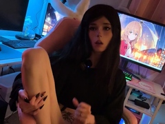 Big tit shemale jerks her long cock