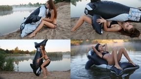 Nastya inflates the whale on the lake, then floats