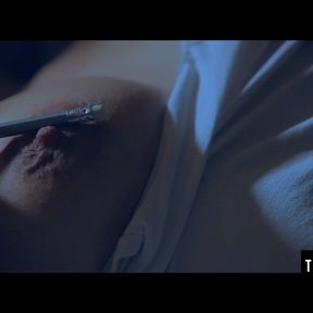 Rubbing her huge boobs as she fucks herself with a pencil