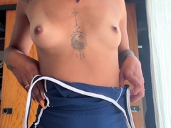 Small tit brunette amateur tugs on a big willie