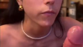 Hot Latina sis sucks cock on the sofa