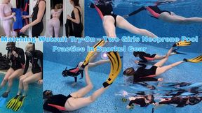 Matching Wetsuit Try-On – Two Girls Neoprene Pool Practice in Snorkel Gear - MP4 HD