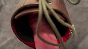 Here I fuck and squirt horny on my wife's very exclusive high brown lace-up leather boots