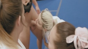 ”Lucky stud gets his prick sucked & slobbed by these lustful babes”