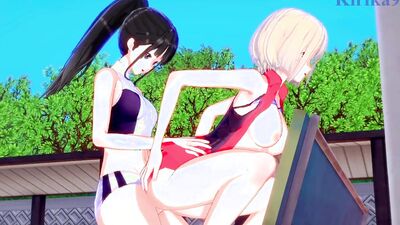 Horny boyfriend pounds busty blonde Hentai girl outdoors with his big cock