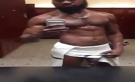 Bearded muscle guy shows his huge monster