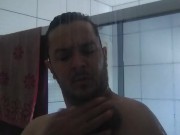 bear man / fat man taking a shower