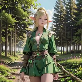 Forest Elf Queen! Kneeling in the Dappled Sunlight, Her Fingertips Tracing the Staff as She Gets Wet.