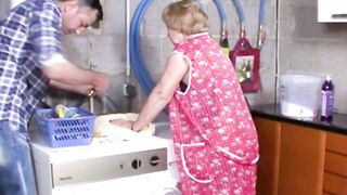 Big tit old lady fucks inside nylons inside the laundry room