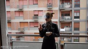 Smoking in the city - smoking fetish - black cigarette - blowing smoke - sunglasses - public - outdoors - real cigarette - leather jacket