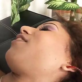 Dark-hair babe sucks and takes thick black dick in living room