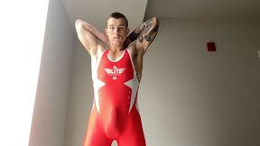 Spandex Wrestling Singlet Muscle Hunk Masturbation Jerking Off Inside, Outside, Through Singlet Multiple Cumshots