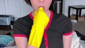 Asian Girl With Big Bush Uses Rubber Gloves