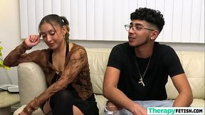 Sexy stepsister is furious because her stepbrother is spying on her, luckily the horny Therapist has the method of getting naked and calming the tension in a threesome that helps forge family bonds, while he drills both wet and tight pussies.