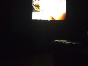 Sexy guy jacking off in front of a bunch of men in open adult theater while watching tranny porn 3