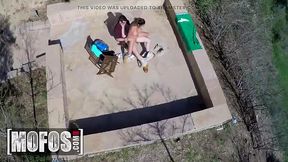 Shaved pussy gets taken in the open by a lucky dude and a drone