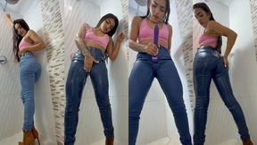 wetting jeans in the shower and masturbation