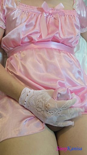 Sissy Kanisa Jerking off with Pink Satin Dress and Lace Glove