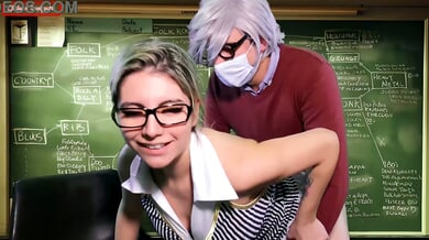 Blonde teacher and gray-haired colleague seduce a man in a hentai-style classroom fantasy