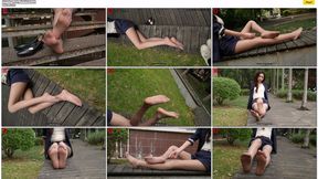 After get off work, the tall female secretary, Zhi, showed off her long legs and beautiful feet on campus while wearing gray polka-dot pantyhose.