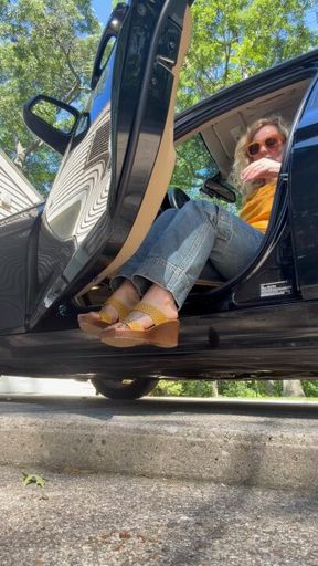 BMW Driving in Italian Wedge Heels To Barefoot Pedal Pushing Car