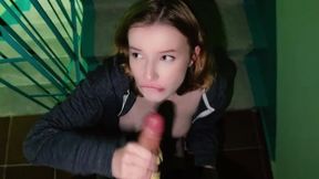 Teen Gives Blowjob and Anal in Hallway While MILF Mom Is Home