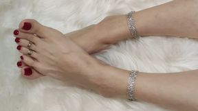 Bare Feet, Toe Rings, Anklet, Red Toenails & Soft Soles Tease on Velvet