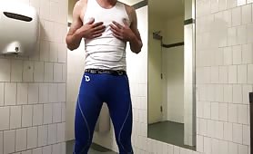 Cumming in Spandex in public restroom