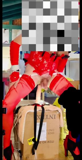 Red Lingerie Shemale Riding Big Cock