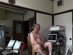 Japanese old man masturbation erect penis semen flows