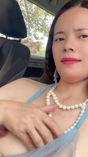 Petite Hana Show Pussy Nake in the Car Blue Dress
