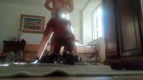 wearing a leather red catsuit and black boots over the knee i have my mouth and pussy roughly fucked