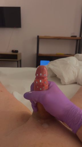 Purple tight latex glove masturbation until cumshot