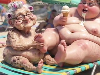 Elderly Granny Passionately Sucking big beautiful woman Feet on the Beach