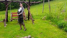 Raincoat, Nylons And Bra With Open Nipples