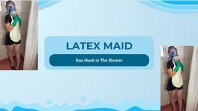 latex maid in the shower in gas mask