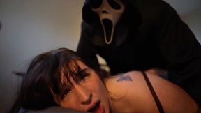 Sexy BBW brunette gets her pussy destroyed by her boyfriend in a ghostface costume