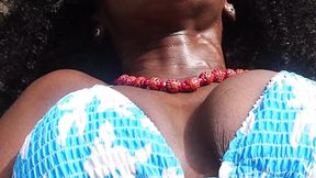 Black milf gets her pussy eaten and fucked at the pool by old man