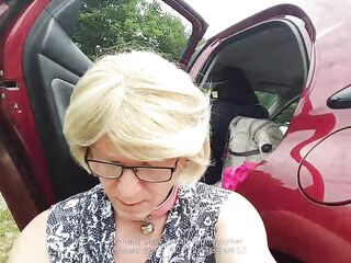 Golden-Haired bimbo boobs sissy floozy stripped as public parking lot doxy shows anything part three