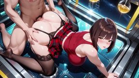 Brunette in Red Plaid Skirt Space Cabin Sensual Play